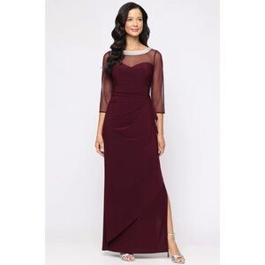 Fig Long Matte Illusion 3/4 Sleeve Side Ruched Dress with Embellished Neckline